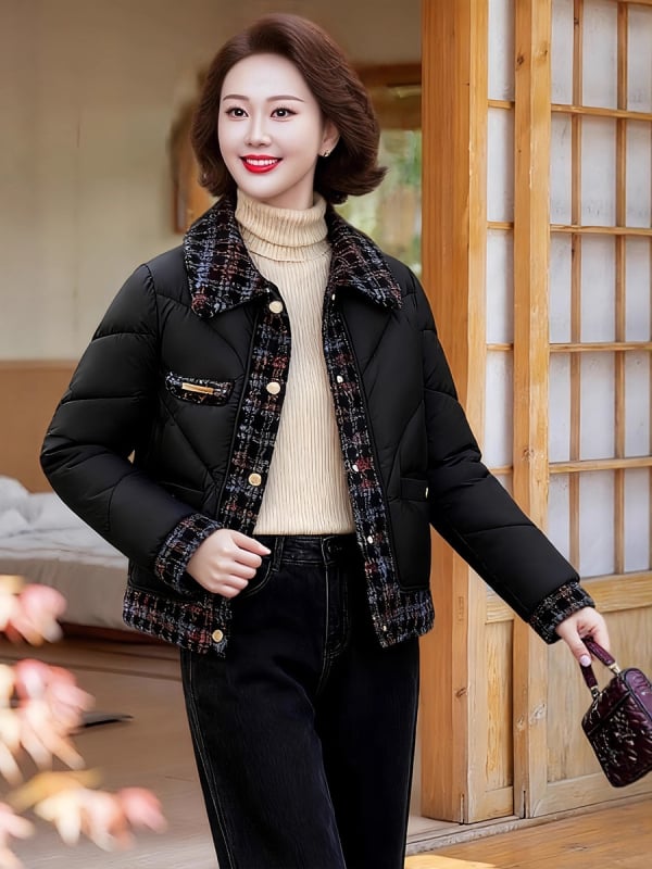 Ženski kaput s punjenjem od pamuka i poliestera, srednja duljina, rever, dugi rukavi, slobodni kroj