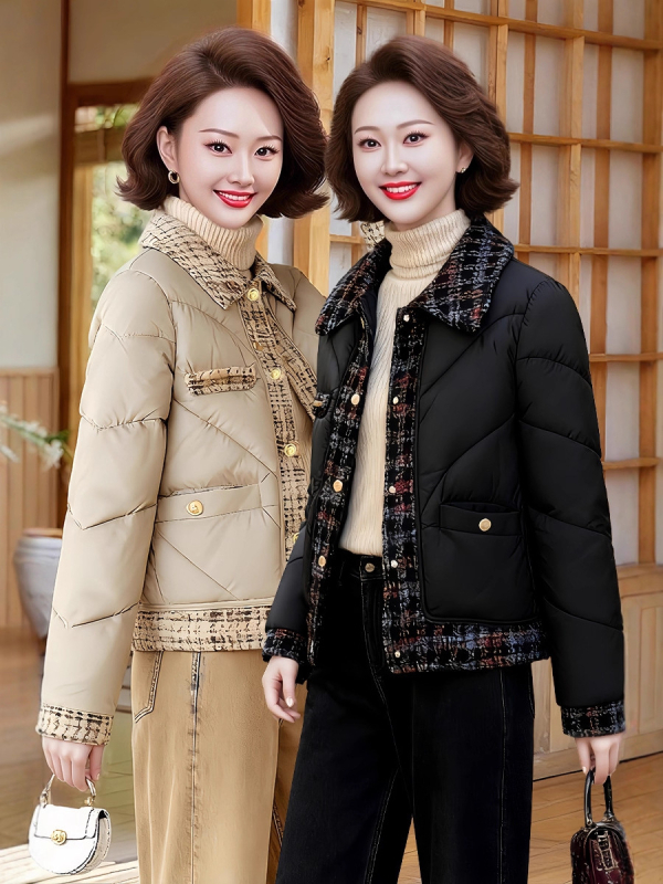 Ženski kaput s punjenjem od pamuka i poliestera, srednja duljina, rever, dugi rukavi, slobodni kroj