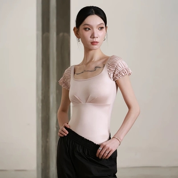 Body de dans pentru femei – material nylon cu căptușeală Spandex, mâneci puff, culoare solidă; potrivit pentru balet, gimnastică și yoga