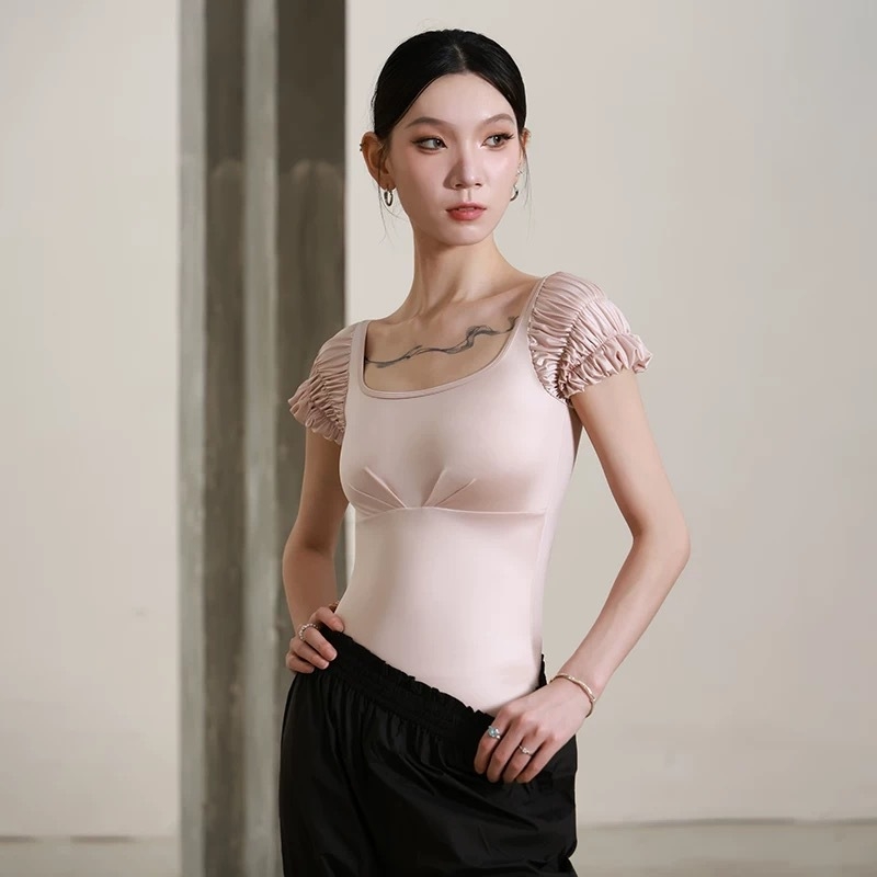 Body de dans pentru femei – material nylon cu căptușeală Spandex, mâneci puff, culoare solidă; potrivit pentru balet, gimnastică și yoga