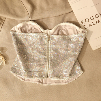 Слинг стил секси топ с пайети, костна конструкция, найлонов плат, висока еластичност, тънък силует