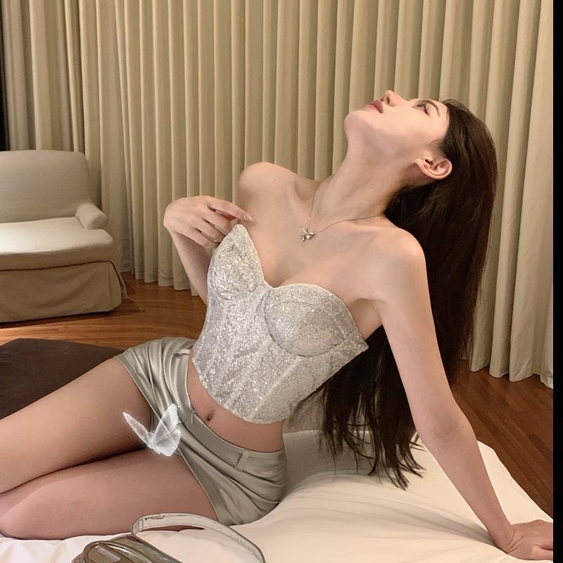 Слинг стил секси топ с пайети, костна конструкция, найлонов плат, висока еластичност, тънък силует