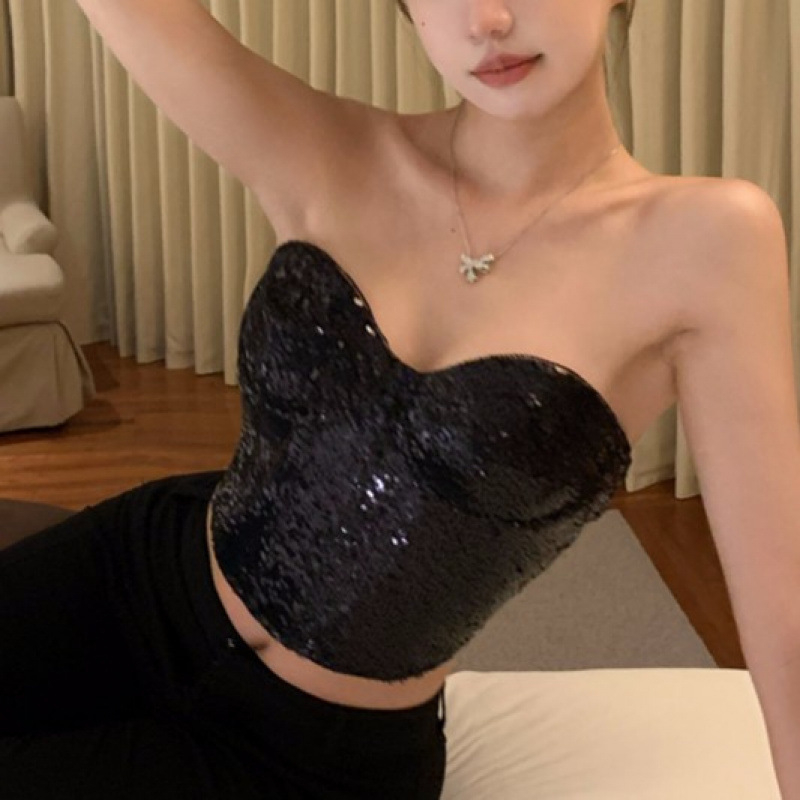 Слинг стил секси топ с пайети, костна конструкция, найлонов плат, висока еластичност, тънък силует