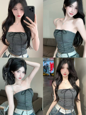 Топ с райета, презрамки с връзки, открити рамене, без гръб, тънък силует, смес вискоза и спандекс