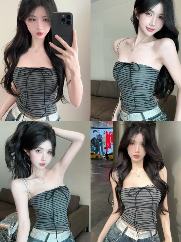 Топ с райета, презрамки с връзки, открити рамене, без гръб, тънък силует, смес вискоза и спандекс