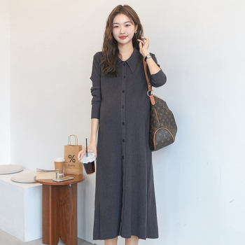 Φόρεμα εγκύου σε κορεατικό στυλ, με γιακά, πλεκτό ύφασμα, βαμβακερή μίξη 30–50%, μεσαίου μήκους.