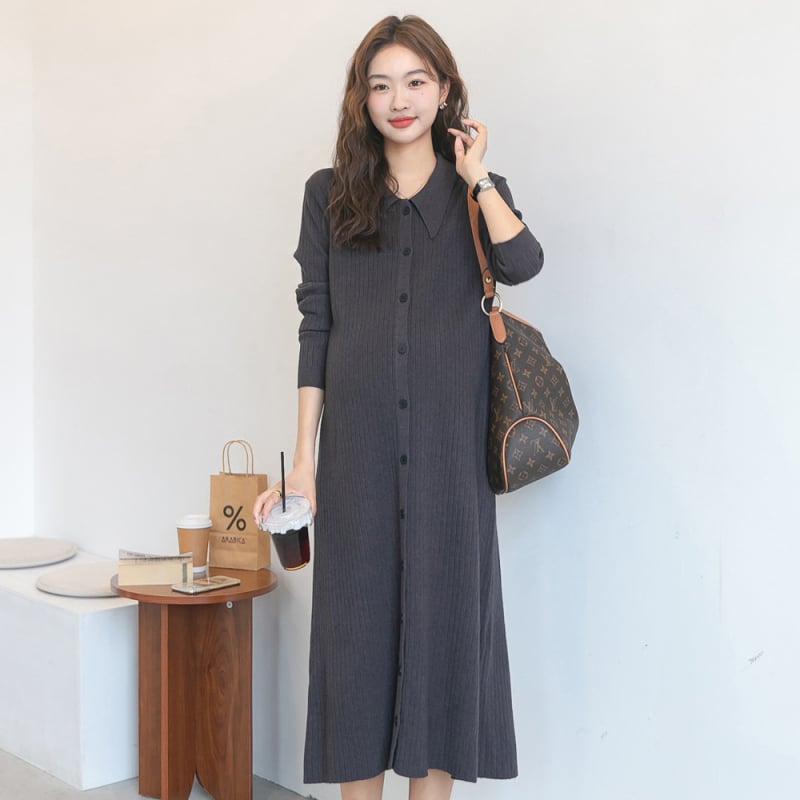 Φόρεμα εγκύου σε κορεατικό στυλ, με γιακά, πλεκτό ύφασμα, βαμβακερή μίξη 30–50%, μεσαίου μήκους.