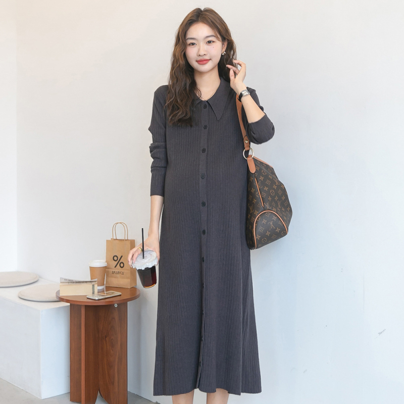 Φόρεμα εγκύου σε κορεατικό στυλ, με γιακά, πλεκτό ύφασμα, βαμβακερή μίξη 30–50%, μεσαίου μήκους.
