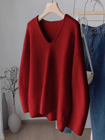 Ženski vuneni pleteni džemper s V-izrezom, korejski ležerni stil, dugi rukavi, standardna duljina (50–65 cm), 95%+ vuna