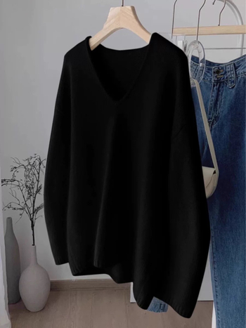 Ženski vuneni pleteni džemper s V-izrezom, korejski ležerni stil, dugi rukavi, standardna duljina (50–65 cm), 95%+ vuna