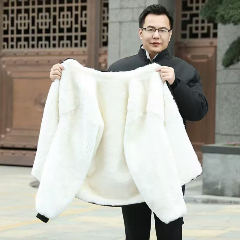 Мъжко яке от овча кожа със подплата, зимно, свободен силует, стойков яка и цип, странични джобове