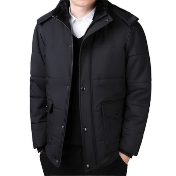 Мъжко зимно яке с памучна пълнеж и полиестерна подплата, средна дължина, цип за закопчаване, сваляща се качулка, множество джобове