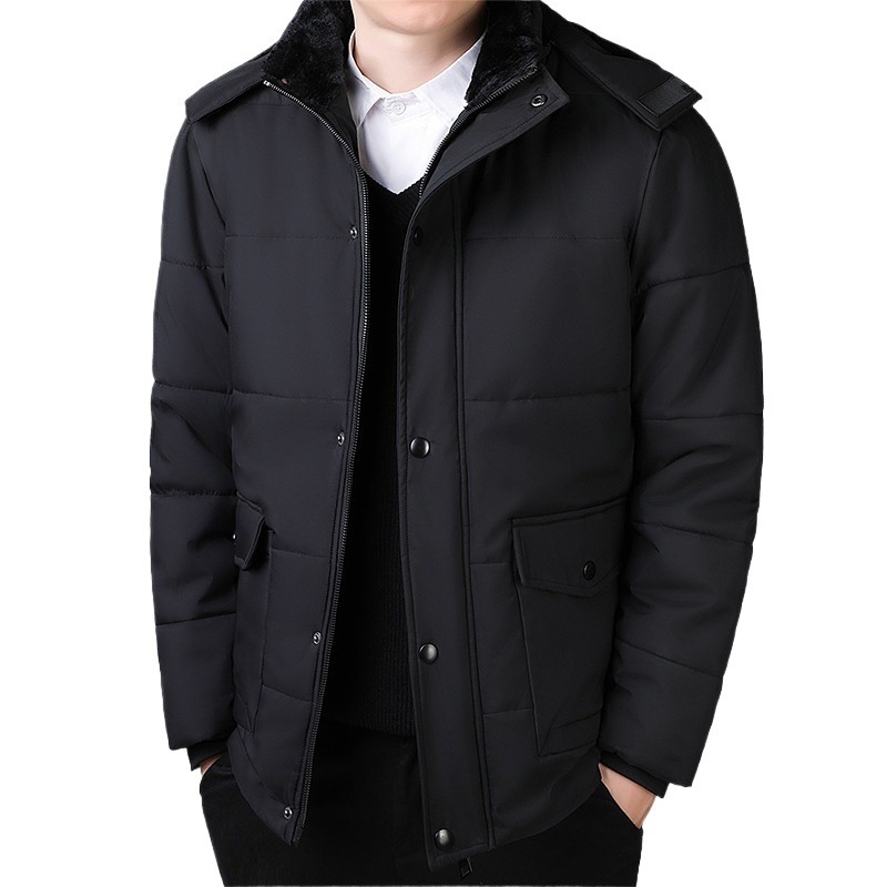 Мъжко зимно яке с памучна пълнеж и полиестерна подплата, средна дължина, цип за закопчаване, сваляща се качулка, множество джобове