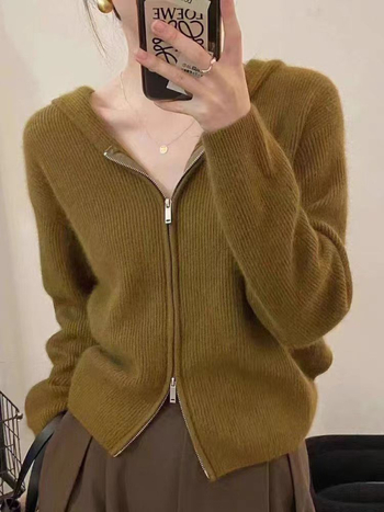 Ženski vuneni kardigan s kapuljom i zipom, opušten kroj, okrugli izrez, dugi rukavi, elegantan gradski stil, jesen 2025