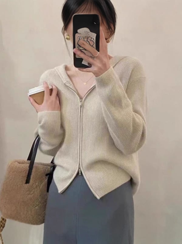 Ženski vuneni kardigan s kapuljom i zipom, opušten kroj, okrugli izrez, dugi rukavi, elegantan gradski stil, jesen 2025