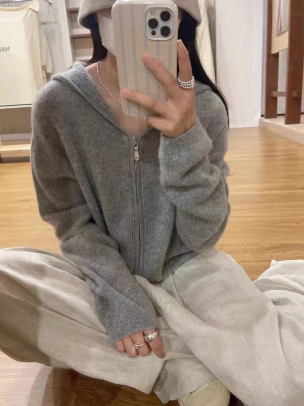 Ženski vuneni kardigan s kapuljom i zipom, opušten kroj, okrugli izrez, dugi rukavi, elegantan gradski stil, jesen 2025