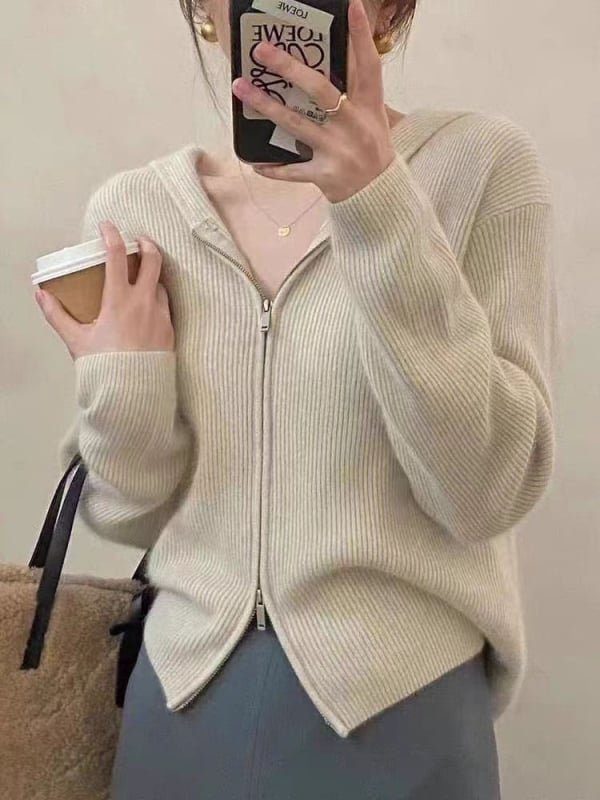 Ženski vuneni kardigan s kapuljom i zipom, opušten kroj, okrugli izrez, dugi rukavi, elegantan gradski stil, jesen 2025