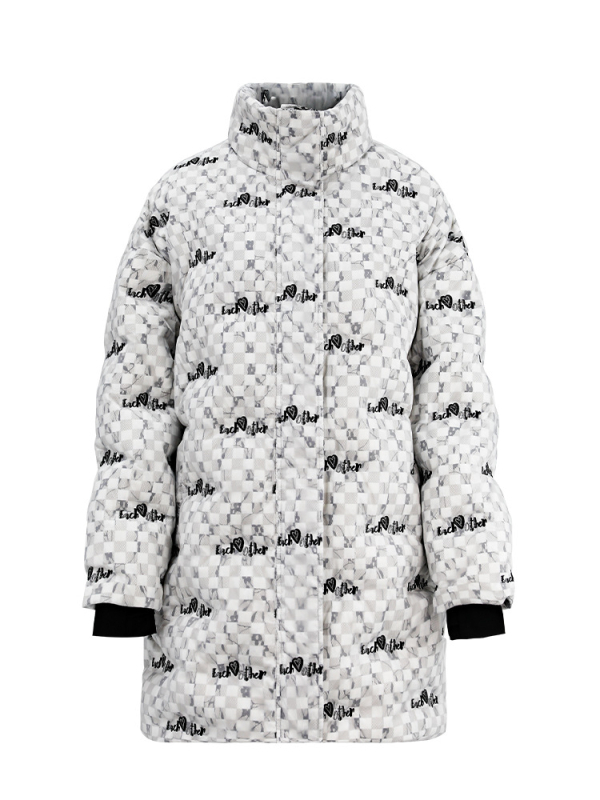 Geacă lungă din organza cu broderie în carouri, umplutură din puf de rață alb, peste 91% puf, croială lejeră