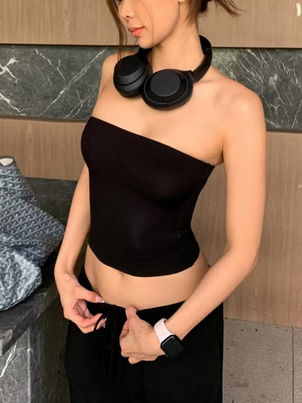 Wild топ без презрамки за бюст, тънък силует, ултра къс дизайн ≤40 cm, полиестер с нейлон и спандекс, едноцветен модел