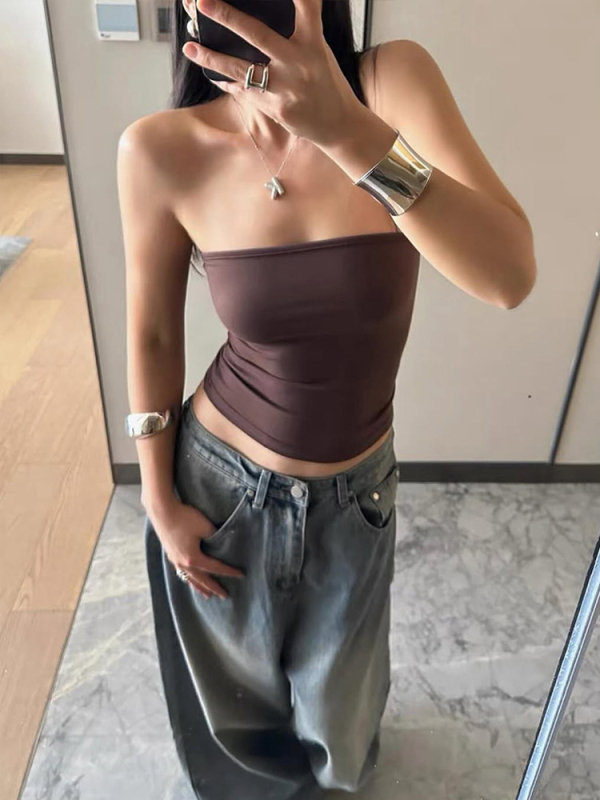 Wild топ без презрамки за бюст, тънък силует, ултра къс дизайн ≤40 cm, полиестер с нейлон и спандекс, едноцветен модел