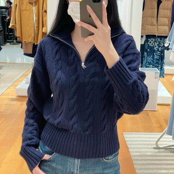 Džemper s kapuljom od vune i kašmira, šivani logo ponija, polovični zip, kabelski pleteni uzorak