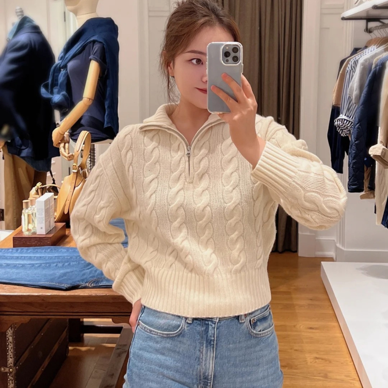 Džemper s kapuljom od vune i kašmira, šivani logo ponija, polovični zip, kabelski pleteni uzorak