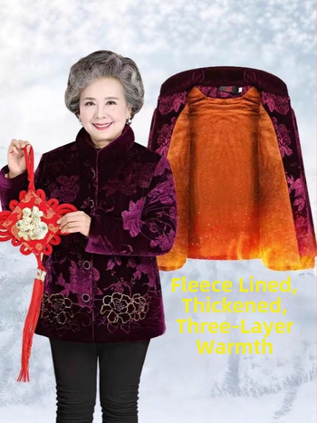 Vyresniems moterims žieminis paltas – storas poliesterio audinys, gėlių raštas, užpildas iš poliesterio-pamudo, dirbtinės kailio apykaklė, pusiau aukštas kaklas