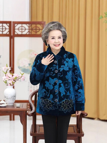 Kaput za starije – debeli poliester materijal, krznen ovratnik od umjetnog krzna, floralni uzorak, punilo poliester-pamuk, polovični visoki ovratnik