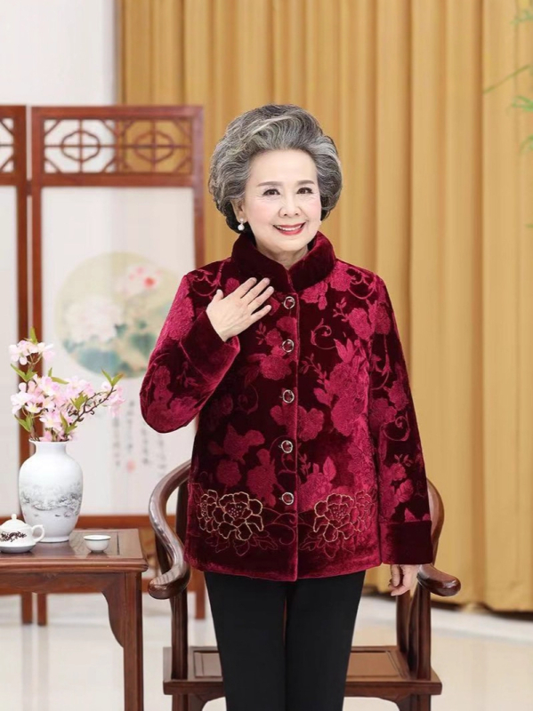 Kaput za starije – debeli poliester materijal, krznen ovratnik od umjetnog krzna, floralni uzorak, punilo poliester-pamuk, polovični visoki ovratnik