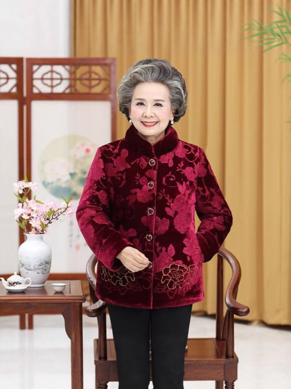 Kaput za starije – debeli poliester materijal, krznen ovratnik od umjetnog krzna, floralni uzorak, punilo poliester-pamuk, polovični visoki ovratnik