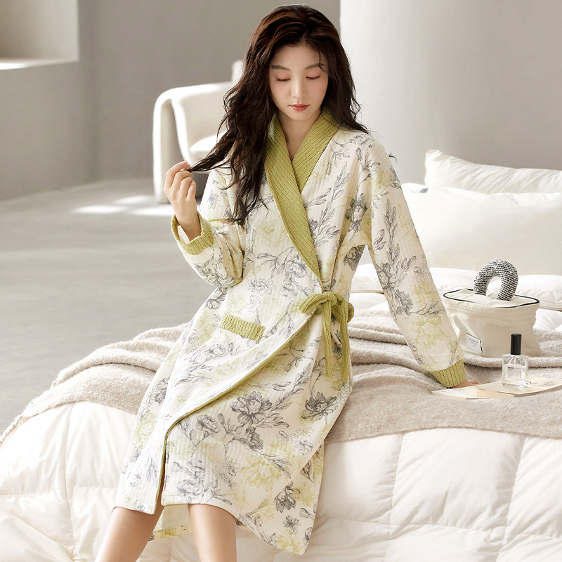 Postporođajna noćna haljina za dojenje, 100% pamuk, antibakterijski, kimono stil, dugi rukavi