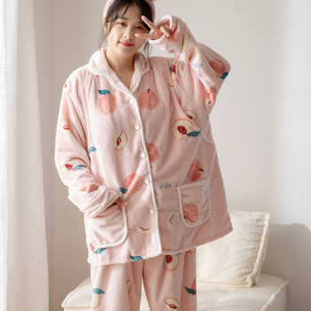 Zimske flanelne pidžame za trudnice s cartoon printom, dugi rukavi, hlače, poliester 80–90%