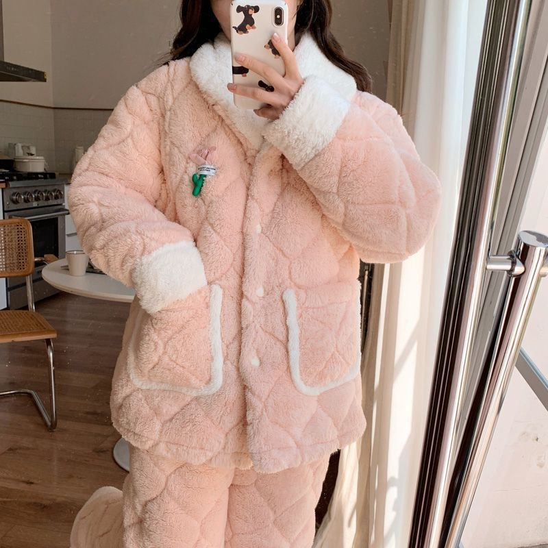 Trudničarske pidžame s kardiganom – koralni pliš, trostruko quilted, 100% poliester, ekstra debela zimska pidžama s dugim rukavima i hlače