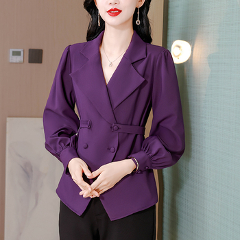 Ženski elegantni sako-košulja s ovratnikom i uskim strukom, poliester, 3D efekt, kolaz detalj