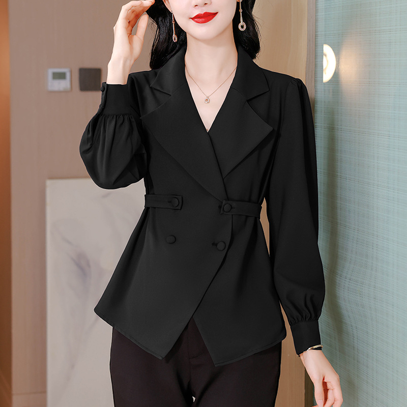 Ženski elegantni sako-košulja s ovratnikom i uskim strukom, poliester, 3D efekt, kolaz detalj