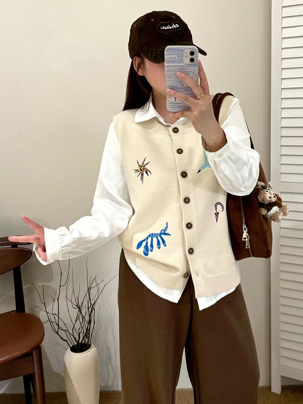 Izšivena pletena bez rukava jakna za žene, slobodan kroj, V-izrez, poliester 30–50%, viskozno <30%