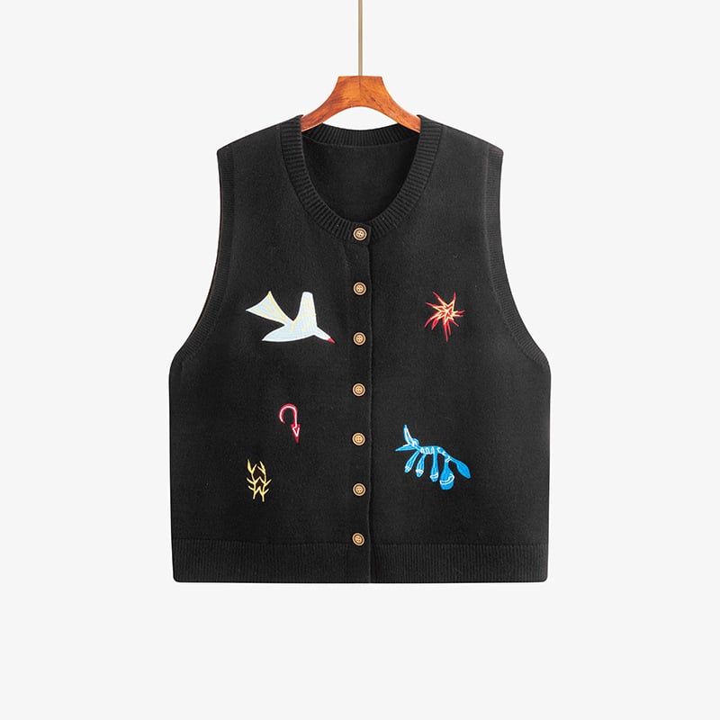 Izšivena pletena bez rukava jakna za žene, slobodan kroj, V-izrez, poliester 30–50%, viskozno <30%