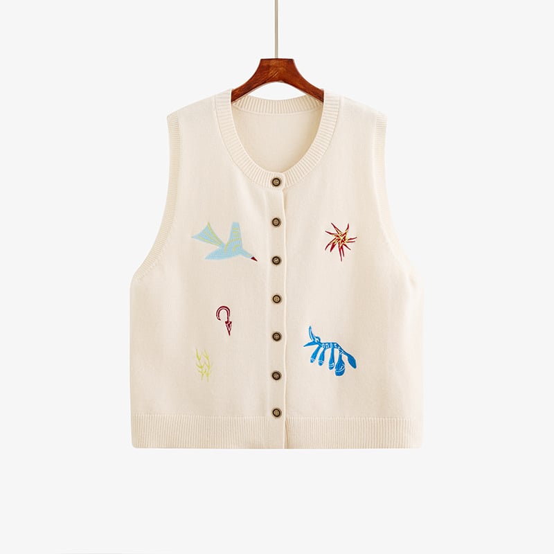 Izšivena pletena bez rukava jakna za žene, slobodan kroj, V-izrez, poliester 30–50%, viskozno <30%