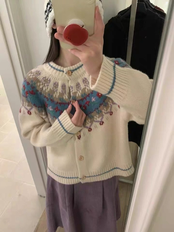Nordic Fair Isle pleteni kardigan, vintage žakard uzorak, nježan stil, mala veličina, jesensko-zimski božićni džemper za žene