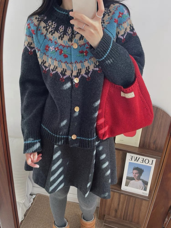 Nordic Fair Isle pleteni kardigan, vintage žakard uzorak, nježan stil, mala veličina, jesensko-zimski božićni džemper za žene