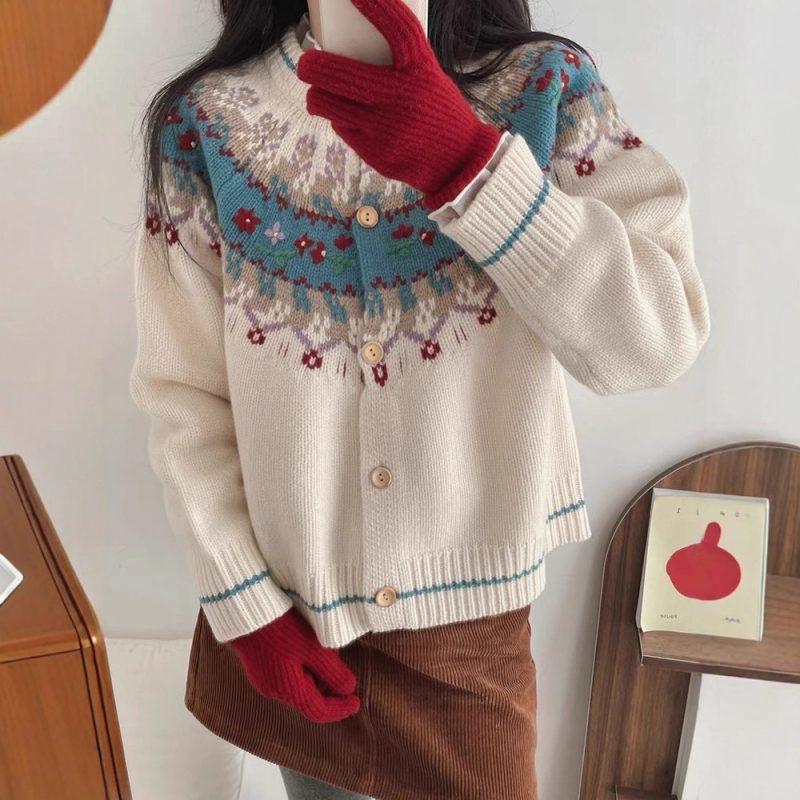 Nordic Fair Isle pleteni kardigan, vintage žakard uzorak, nježan stil, mala veličina, jesensko-zimski božićni džemper za žene