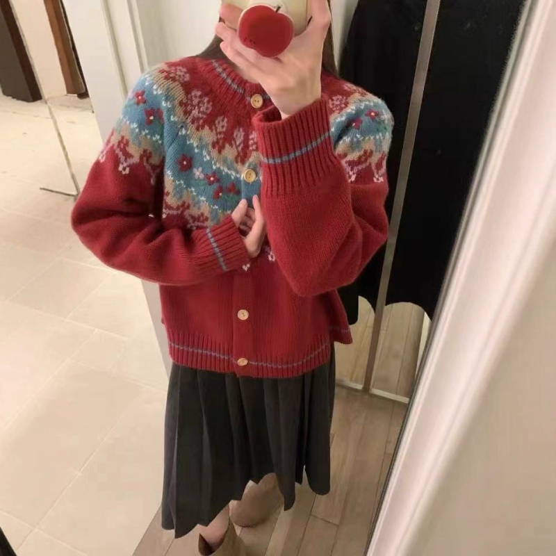 Nordic Fair Isle pleteni kardigan, vintage žakard uzorak, nježan stil, mala veličina, jesensko-zimski božićni džemper za žene