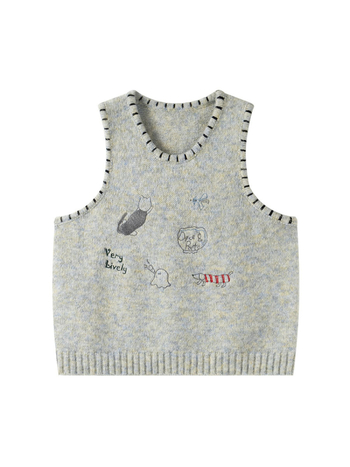 Ženski plus veličina pleteni džemper-vest s okruglim izrezom, izšiven kartunski motiv, šarena mohair smjesa, poliesters 80-90%, akril 10-20%, japansko-korejski opušten stil, regular kroj, zima 2025