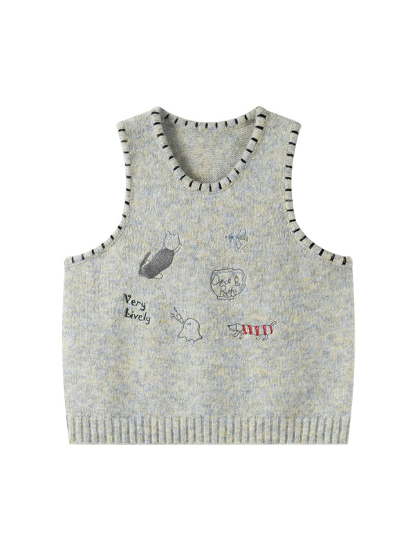 Ženski plus veličina pleteni džemper-vest s okruglim izrezom, izšiven kartunski motiv, šarena mohair smjesa, poliesters 80-90%, akril 10-20%, japansko-korejski opušten stil, regular kroj, zima 2025