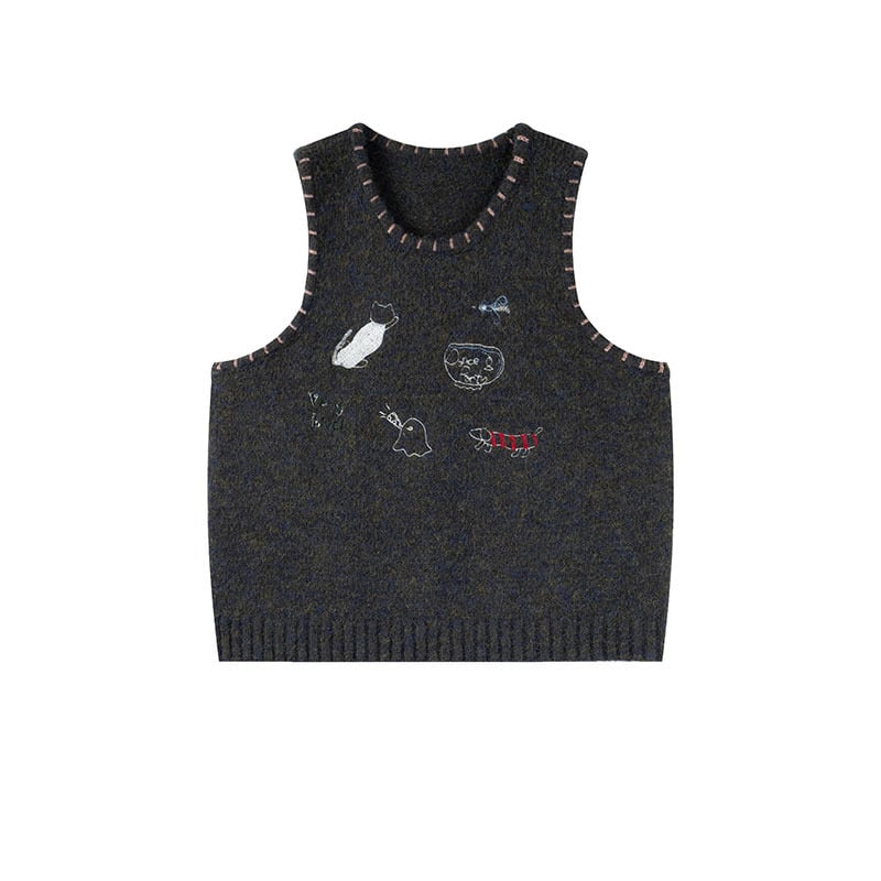 Ženski plus veličina pleteni džemper-vest s okruglim izrezom, izšiven kartunski motiv, šarena mohair smjesa, poliesters 80-90%, akril 10-20%, japansko-korejski opušten stil, regular kroj, zima 2025