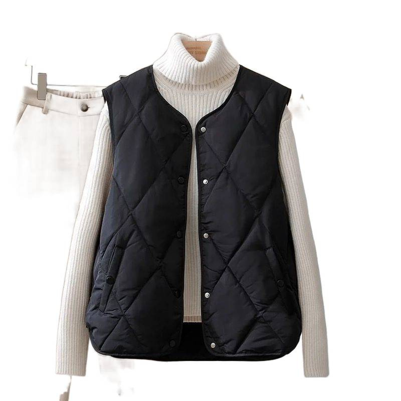 Dámska ľahká vesta z down-cotton, bez goliera, s V výstrihom, zips, normálna dĺžka 50–65 cm, hlavná tkanina: Rayon 80–90% (Výplň: Iné)