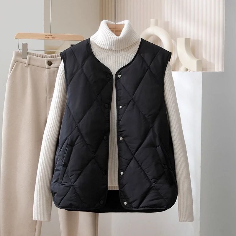 Dámska ľahká vesta z down-cotton, bez goliera, s V výstrihom, zips, normálna dĺžka 50–65 cm, hlavná tkanina: Rayon 80–90% (Výplň: Iné)