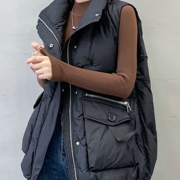 Dámska vesta s výplňou z peria a bavlny, kórejský štýl, golier polo, voľný strih, dĺžka 50–65 cm