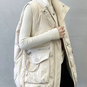 Dámska vesta s výplňou z peria a bavlny, kórejský štýl, golier polo, voľný strih, dĺžka 50–65 cm