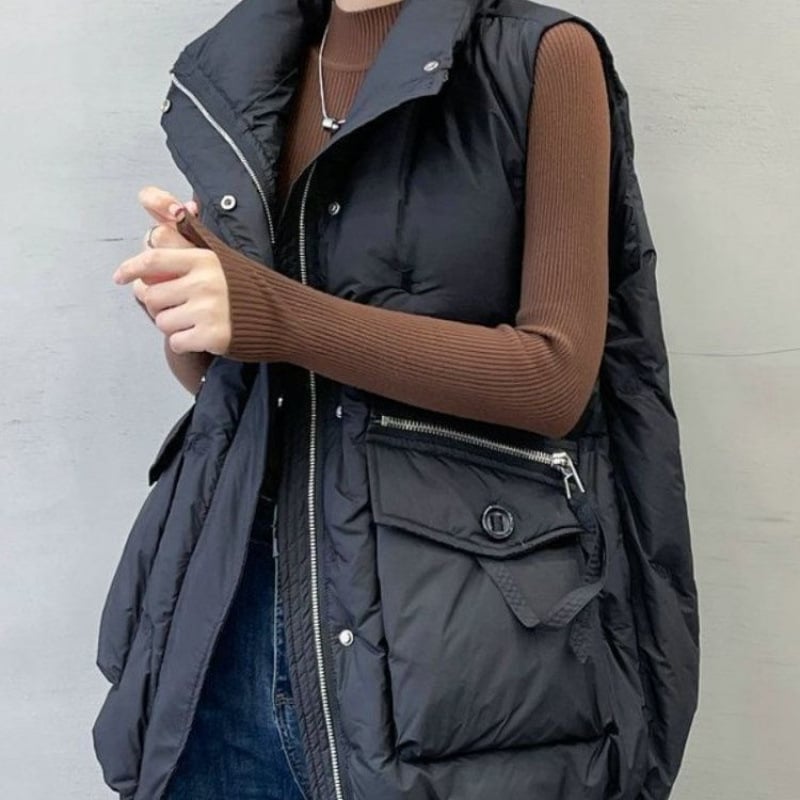 Dámska vesta s výplňou z peria a bavlny, kórejský štýl, golier polo, voľný strih, dĺžka 50–65 cm